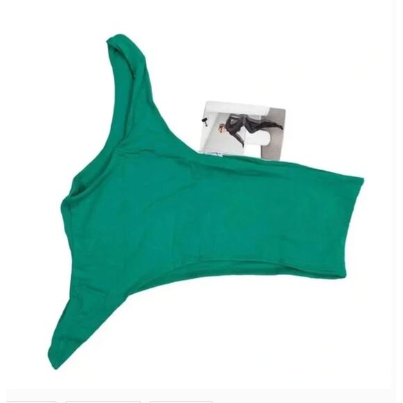NWT NAKED WARDROBE Smooth Side One Shoulder Emerald Green Crop Top M Athleisure - Picture 4 of 6